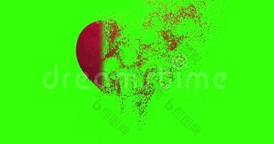 红色心形崩解动画，红色粒子在色度键绿色屏幕背景与阿尔法通道，假日